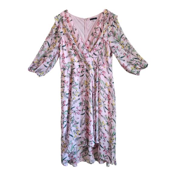 TOMMY HILFIGER Women's 16 Midi Dress Chiffon Pink Floral 3/4 Sleeve Faux Wrap - Picture 2 of 9